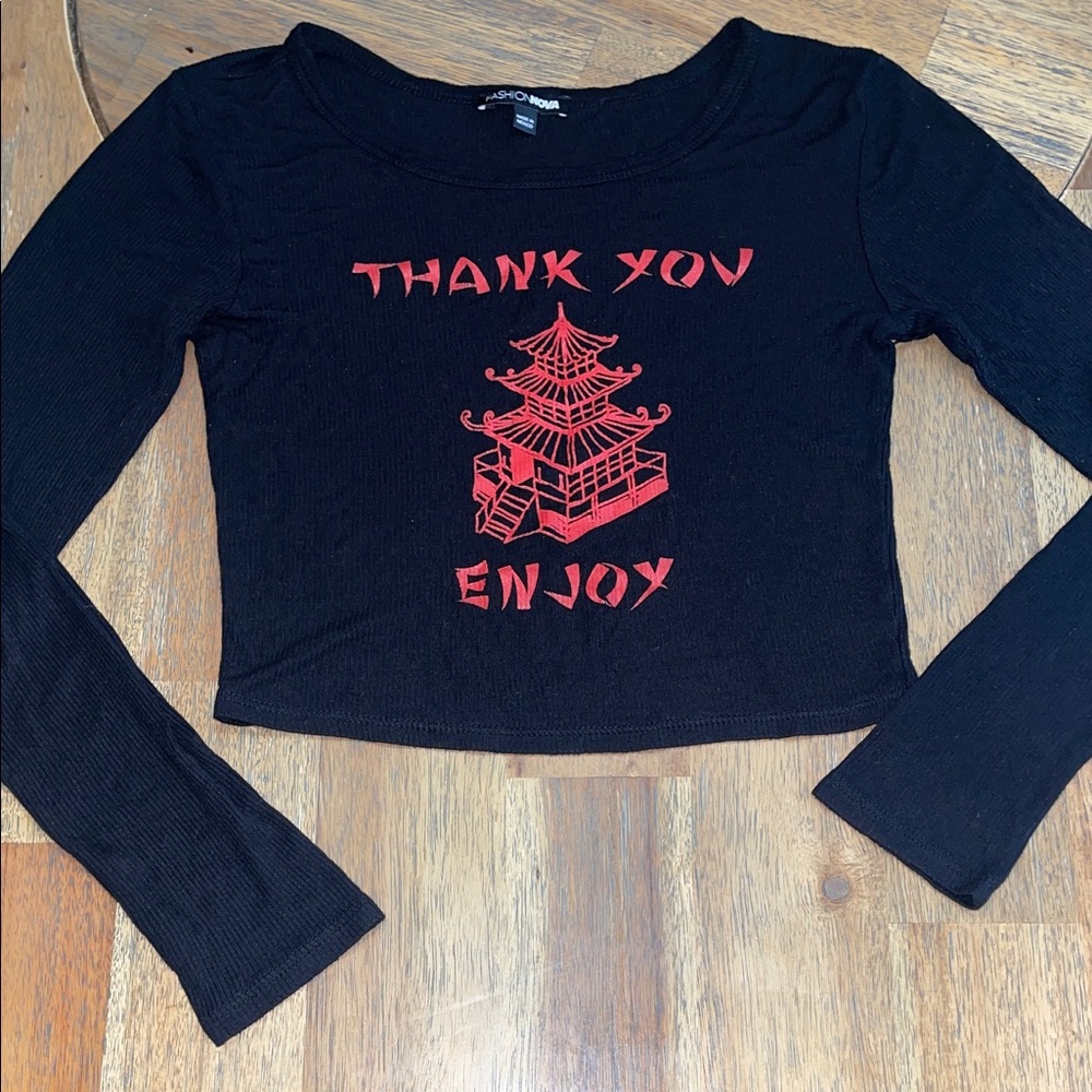 Juniors Black Long-Sleeve Crop Top with Red Pagoda‎ Graphic